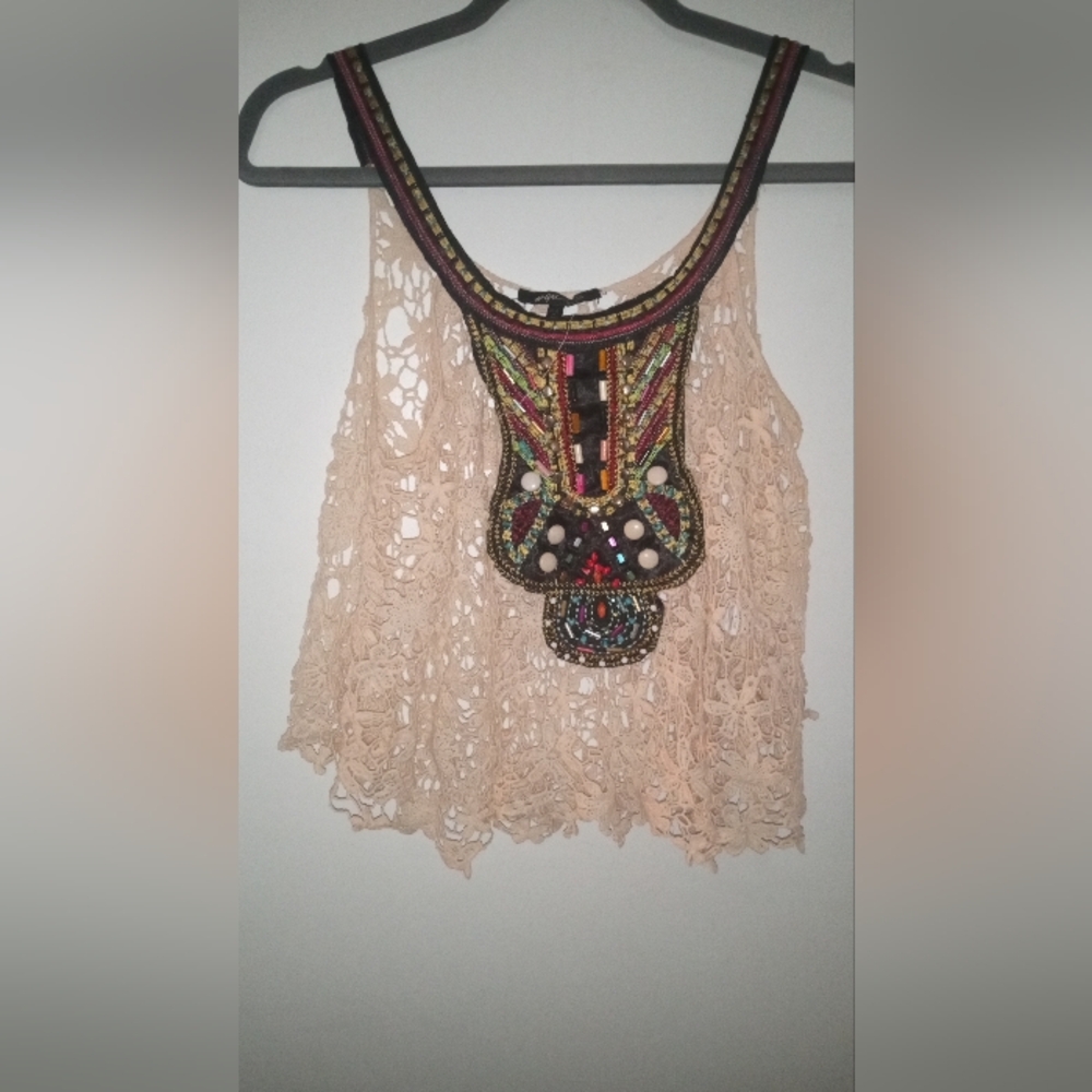 Gal Boss Women's Boho Beaded Top Sleeveless Ivory Boho Festival Fairy